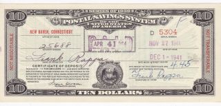 $10 Series Of 1939 Postal Savings System Certificate Paid Haven Ct W5068 Au