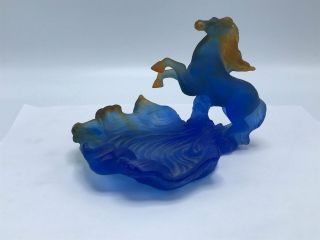 Daum France Pate De Verre Glass Rearing Horse Art Glass Sculpture Signed Blue