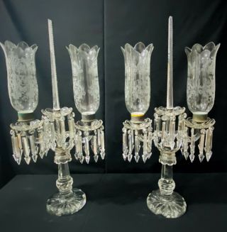 Baccarat Style Crystal Glass Candelabra Lusters Hurricane Shades Pair