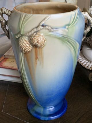 Roseville 10.  5” Blue Pinecone Round Twig Handled Vase