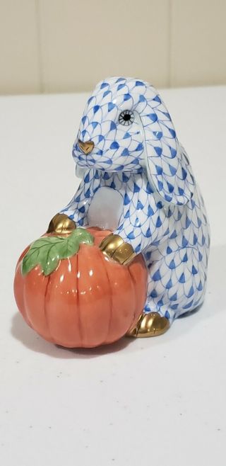 Herend Autumn Pumpkin Bunny Porcelain Figurine Blue Fishnet 24k Gold Trim