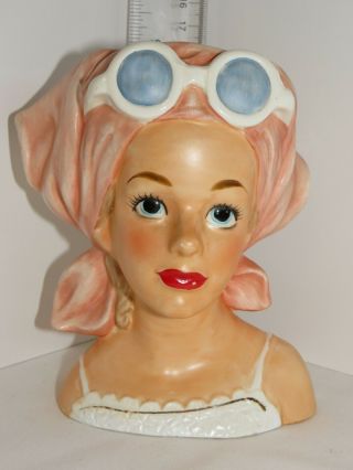 Rare Vintage Relpo Lady Head Vase White Sunglasses Blue Lenses Pink Scarf K1