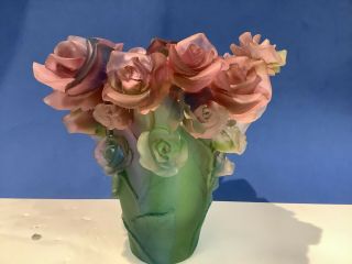 1980s Pate De Verre Style Rose Vase Pink Multi Color H7” Heavy 6.  5lb