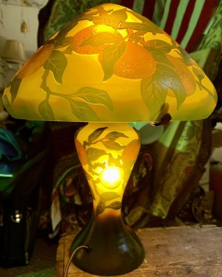 Emile Galle Orange Art Glass Lamp,  Orange And Brown,  Double Lighted