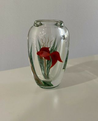 Gorgeous Fish Aquarium Orient & Flume Art Glass Vase Signed Beyers 7 Inches