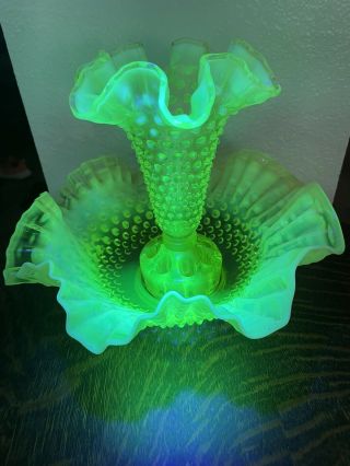 Yellow/green Vaseline Hobnail Epergne With Flower Frog