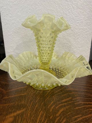 Yellow/Green Vaseline Hobnail Epergne with Flower Frog 2
