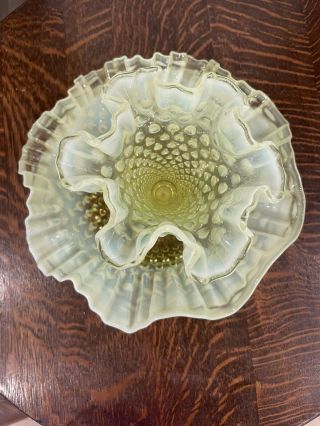 Yellow/Green Vaseline Hobnail Epergne with Flower Frog 3