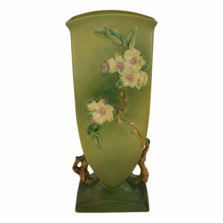 Vintage Roseville Pottery Apple Blossom 1949 Green Tall Vase 390 - 12
