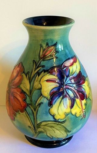 William Moorcroft Pottery Hibiscus Flowers 8 Inch Vase Circa 1930s.