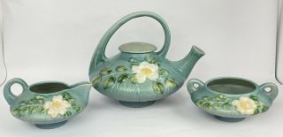 Roseville Pottery White Rose Teal Blue Tea Pot,  Creamer,  Sugar Bowl Tea Set
