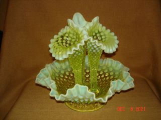 Antique Fenton Vaseline Hobnail Opalescent Glass Flower Epergne Vase 3 Horn