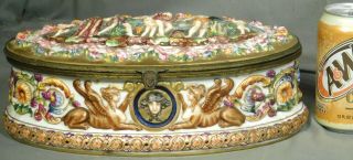 Huge Antique Capodimonte Porcelain Bronze Trim Porcelain Oval Dresser Box Nudes