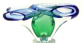 Adam Jablonski Polish Studio Art Hand Blown Glass Green Blue Decorative Signed
