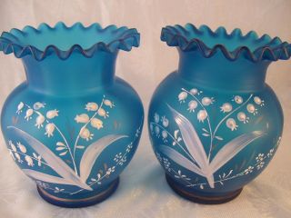 Victorian Pair Blue Satin Bristol Glass Vases Enameled Lily Of The Valley Set 2