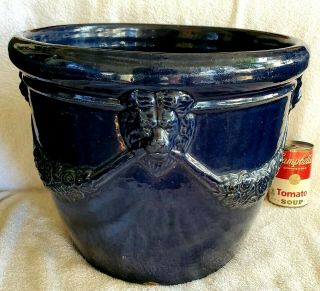 Huge14 " Bauer Pottery Lion Flower Pot Dark Cobalt Blue (holed)