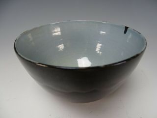 Edwin Scheier Mirrored Lava Black Glazed Footed Art Pottery Bowl Or Vase