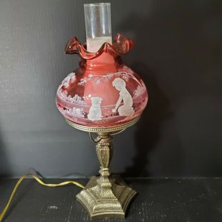 Fenton Cranberry Mary Gregory Lamp Boy With Dog Le 891/950