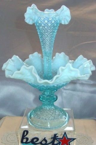 Fenton Glass " Mnt&perf Vintage 50s " Blue Opalescent " Diamond Lace " 1 Horn 10 " Epergne