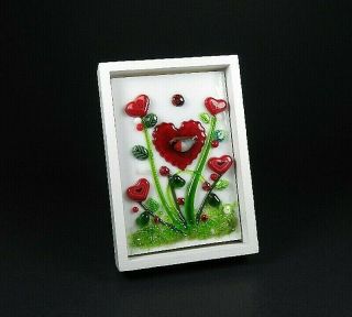 Fused Art Glass Spring Heart Scene Panel In A Wooden Frame Ooak By O 
