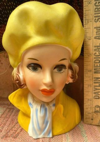 Vintage Lady Head Vase Royal Crown Les Girls Stamped Xl 7.  75 " X5 " Yellow Blue