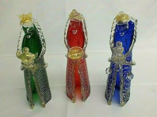 Murano Italy Wise Men Nativity Blue Green Red Art Glass Gold Flecked Set Of 3