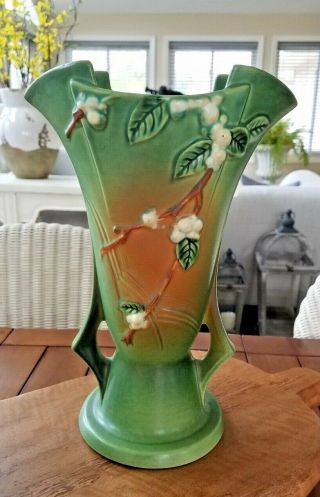 Stunning Large Roseville Pottery Ca.  1947 Green Snowberry Vase 1v2 - 12
