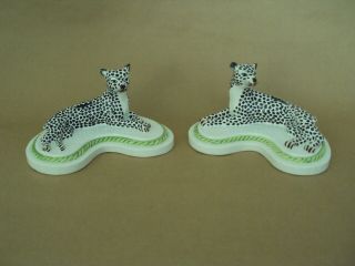 Rare Antique Mottahedeh Design Italy Snow Leopards Pair.  Cheetah.  2 Leopard Set