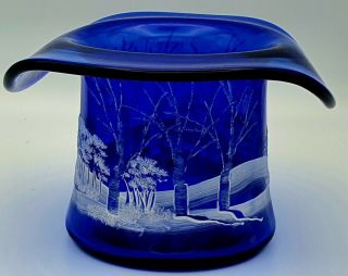 Fenton Art Glass Top Hat Canaan Valley On Cobalt Blue Signed Scott Fenton
