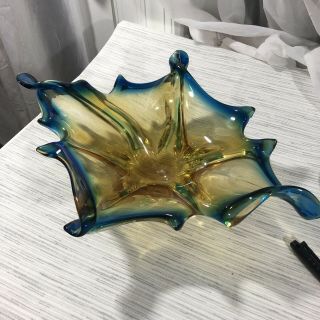 Vintage Murano Art Glass Bowl Vase Hand Blown Sculpture Green Aqua Amber Italy