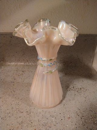 Fenton Champagne Pink Carnival Glass Opalescent Hand Painted Wheat Vase