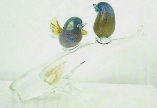Vintage Murano Art Glass Blue Love Birds Branch Gold Flecks Hand Blown Sculpture