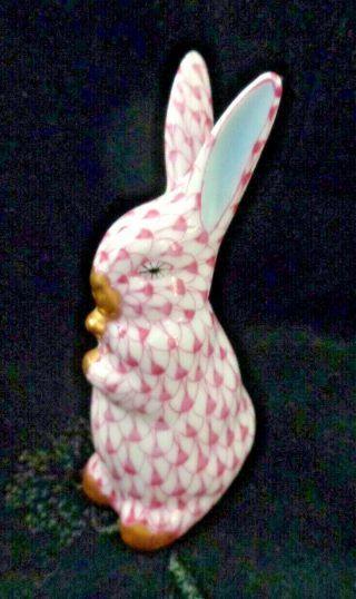 Herend Hungary Bunny Rabbit Figurine Pink Fishnet Hand Painted Porcelain Gold