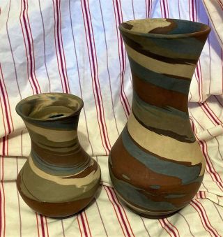 (2) Niloak Mission Swirl Art Pottery Vases 9 " And 6 " Tall.  Paper Label