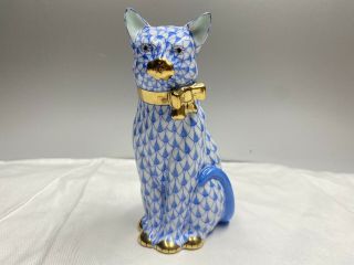 Herend Hungary Porcelain Blue Fishnet Cat W Gold Bow