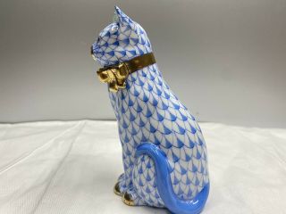 HEREND HUNGARY PORCELAIN Blue Fishnet CAT W Gold BOW 2