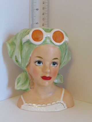 Rare Relpo K1863 Lady Head Vase With Green Head Scarf & Orange Sunglasses