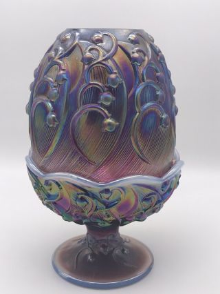 Fenton Opalescent Carnival Glass Fairy Lamp Lily Of The Valley Plum Purple 7 "