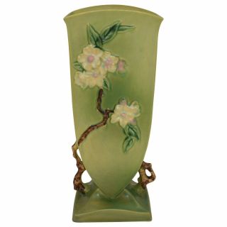 Roseville Pottery Apple Blossom 1949 Green Vase 390 - 12