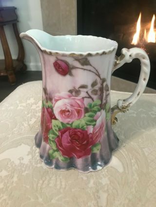 Royal Vienna Pitcher With Pink Roses Motif Signed Piriier Hand Painted 8 " Tall