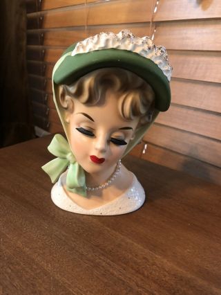 Vintage Lady Head Vase - Green Hat W/ Gold Htp 741 71 1 4.  5in X 7in