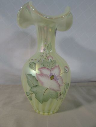 Fenton Topaz Vaseline Rib Optic Hand Painted Vase