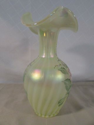Fenton Topaz Vaseline Rib Optic Hand Painted Vase 2