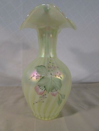 Fenton Topaz Vaseline Rib Optic Hand Painted Vase 3