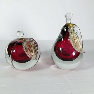 Alfredo Barbini Murano Art Glass Pear/ Peach Paperweight Bookends Sommerso