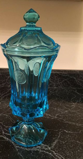 " Rare " Fostoria Coin Emerald Blue Glass Footed Urn With Lid