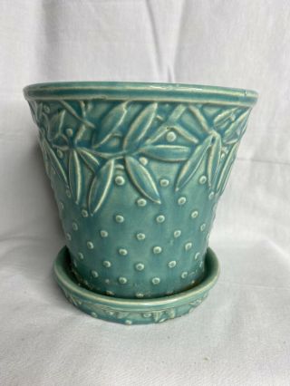 Rare 1940s Nm Nelson Mccoy Pottery Hobnail & Leaves Flower Pot & Attached Saucer