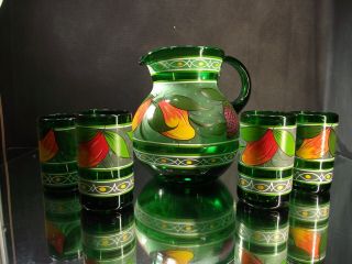 Vintage Green Glass Mexican Sangria Margarita Hand Painted Pitcher Set