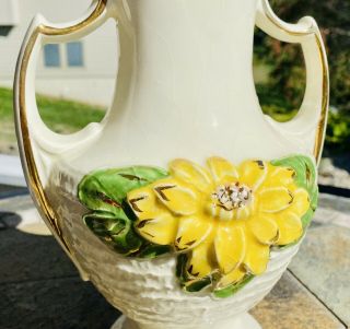 Hull Pottery Water Lily 2 - Handled Flower Vase L - 11 - 9 1/2 Rare Gold Trim Perfect
