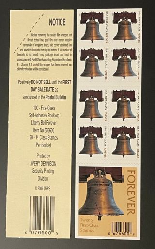 Scott 4125a - Usa First Class Forever Liberty Bell - Booklet Of (20) Forever Stamp